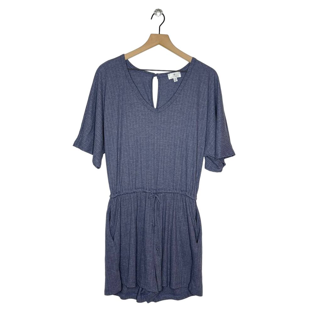 Socialite Romper Women's Size Medium Blue Ribbed V-Neck Tie Waist Short Sleeve